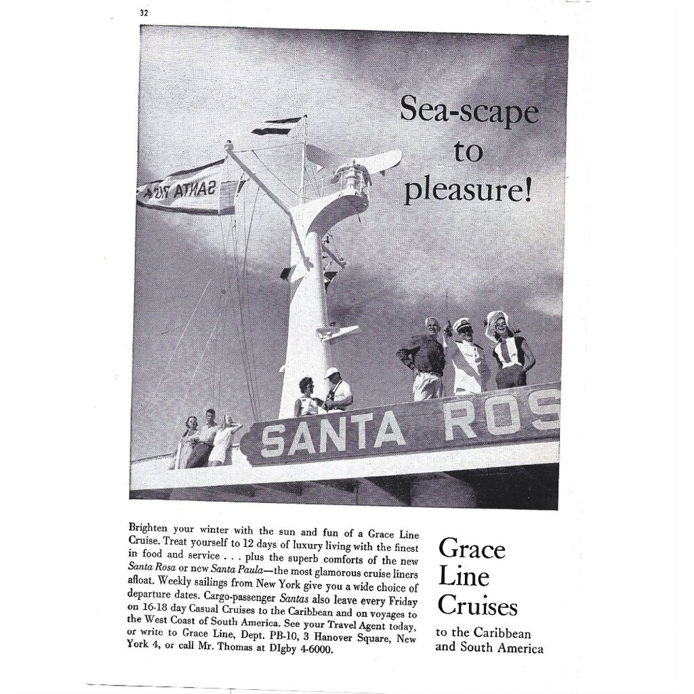 Grace Line Cruises Caribbean Advertisement 1950s Vintage Print Ad 9 inch Tall - Picture 1 of 2